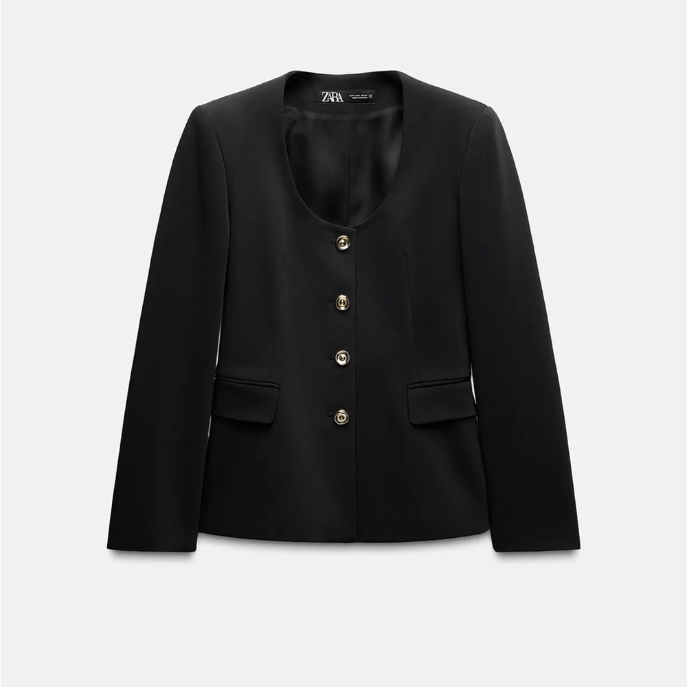 Zara Black blazer with Gold accent buttons, faux front pockets. Worn once!
